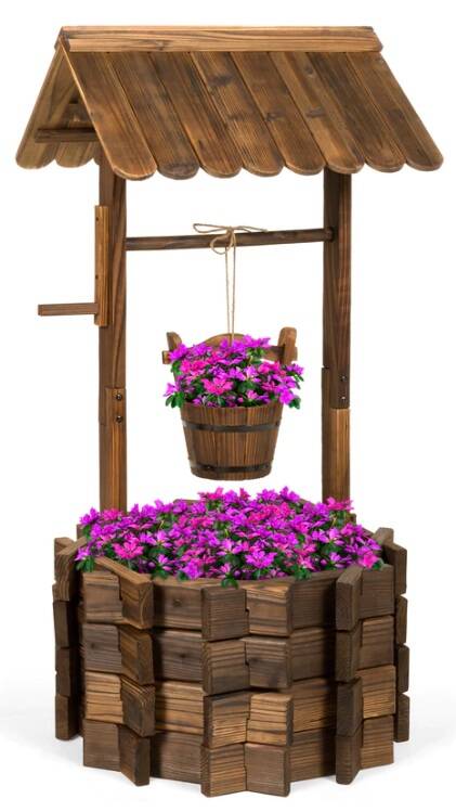 Wooden Wishing Well Planter w/ Hanging Bucket