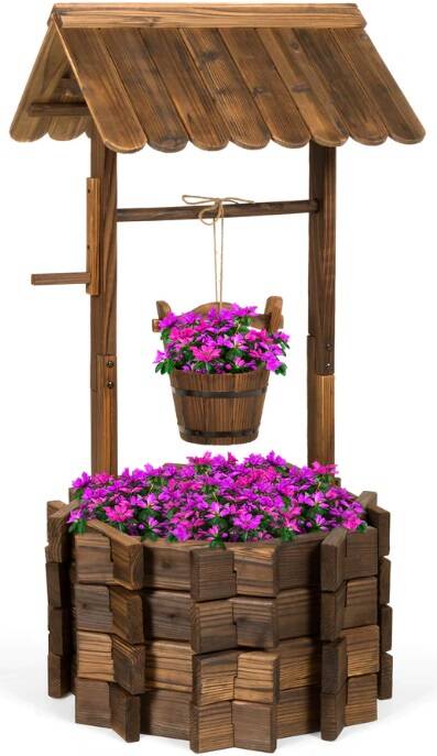 Wooden Wishing Well Planter w/ Hanging Bucket