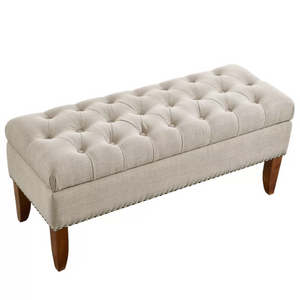 Button-Tufted Wood Storage Bench