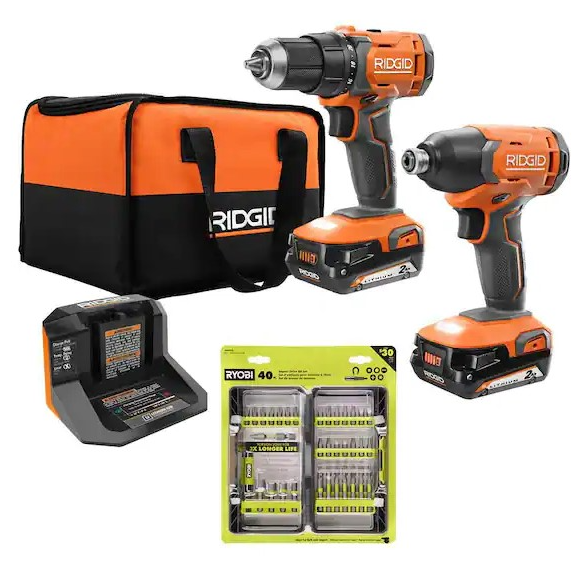 Ridgid 18V Cordless 2-Tool Kit w/ Ryobi Bit Set