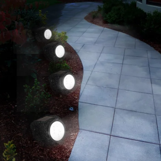 Set of 4 Solar LED Garden Faux-Stone Spot Lights