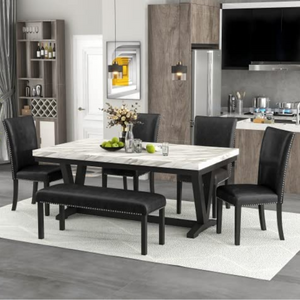 6-Piece Marble-Look Dining Table, Chairs & Bench