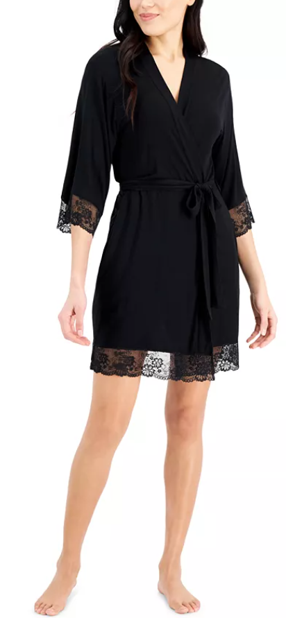 Lace Trim Short Wrap Robe