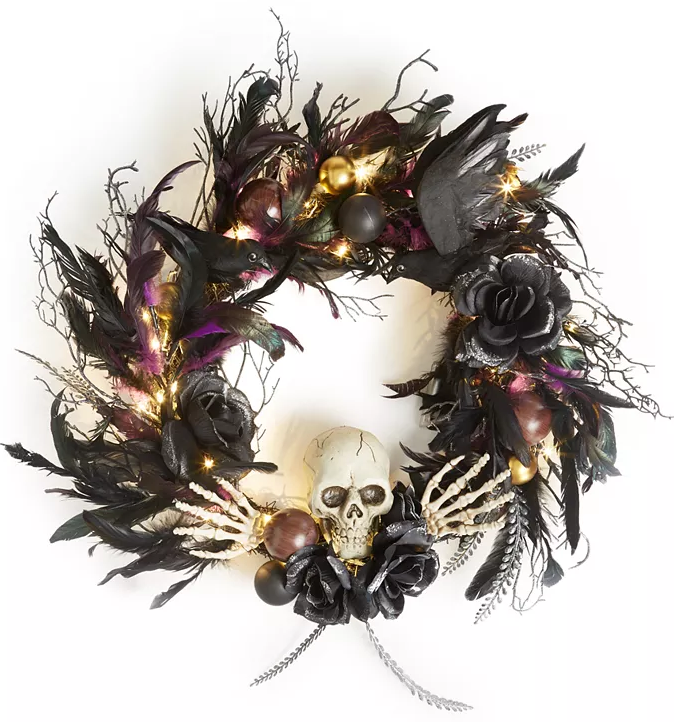 Halloween Skull & Foliage LED Wreath