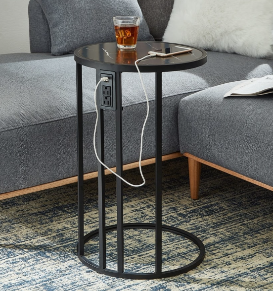 Round C-Shaped End Table w/ Charging Station