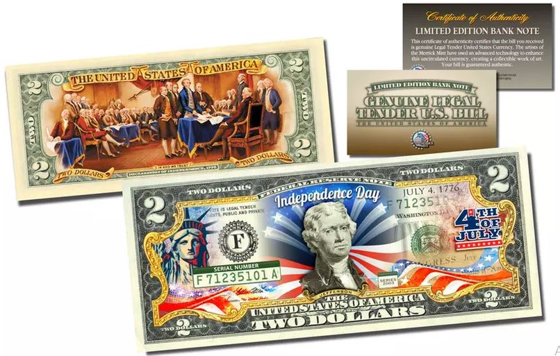 July 4th Independence Day 2-Sided Official Legal Tender $2 U.S. Bill